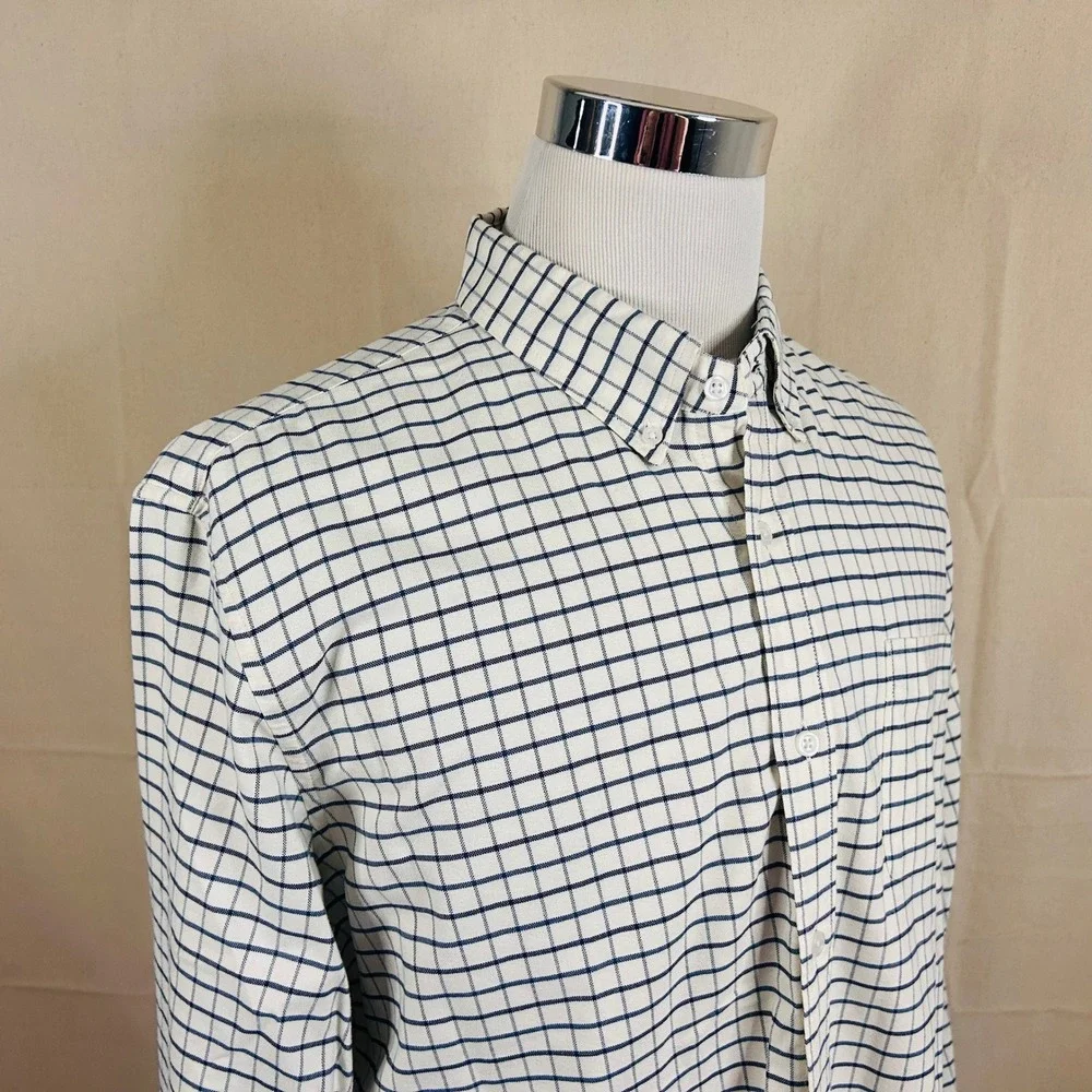 J Crew XL Mercantile Flex Button Down Shirt Ivory Blue Windowpane Check Mens